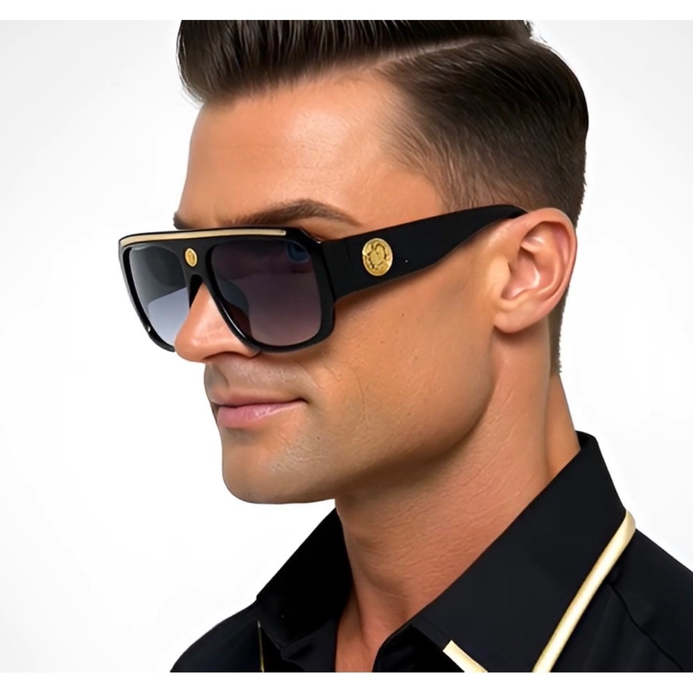 Black Sunglasses Gold Accents Square Frame‎ Fashion Shades Cholo Gangster Street